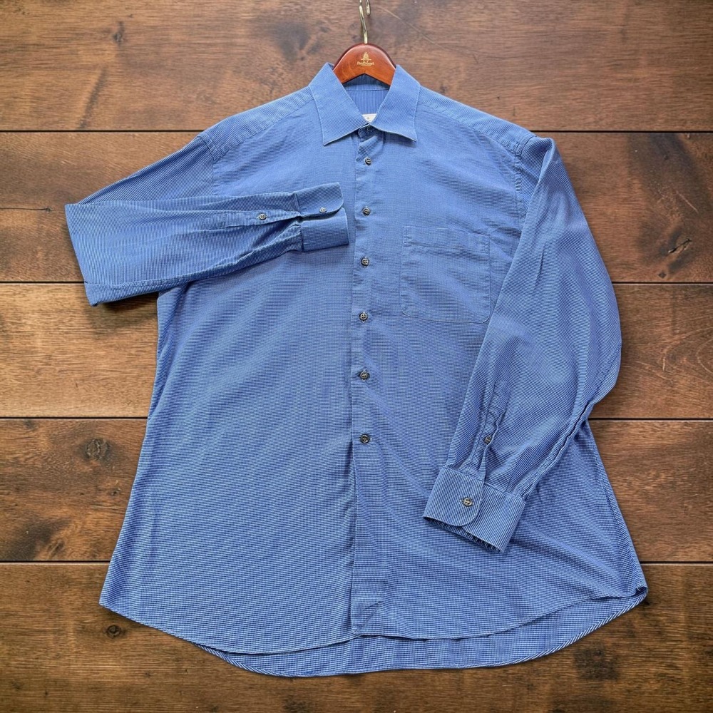 Ermenegildo Zegna Mens Blue Micro Check Cotton Dress Shirt Size 16.5 42